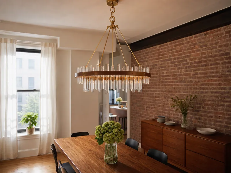 Modern chandelier, Brooklyn brownstone dining room