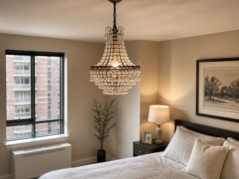 Mini-chandelier, Queens condo bedroom