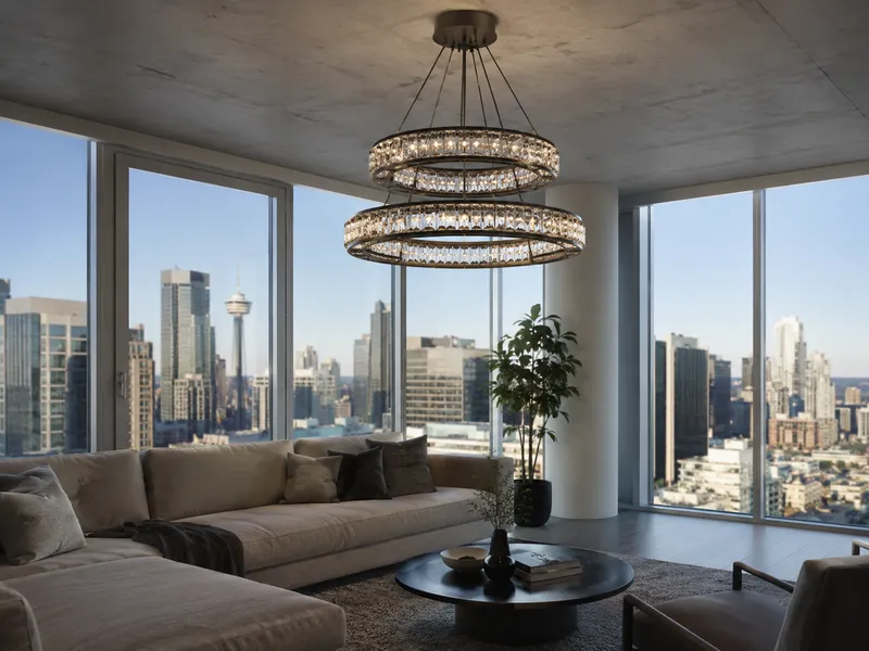 Chandelier in high-rise condo, concrete ceiling