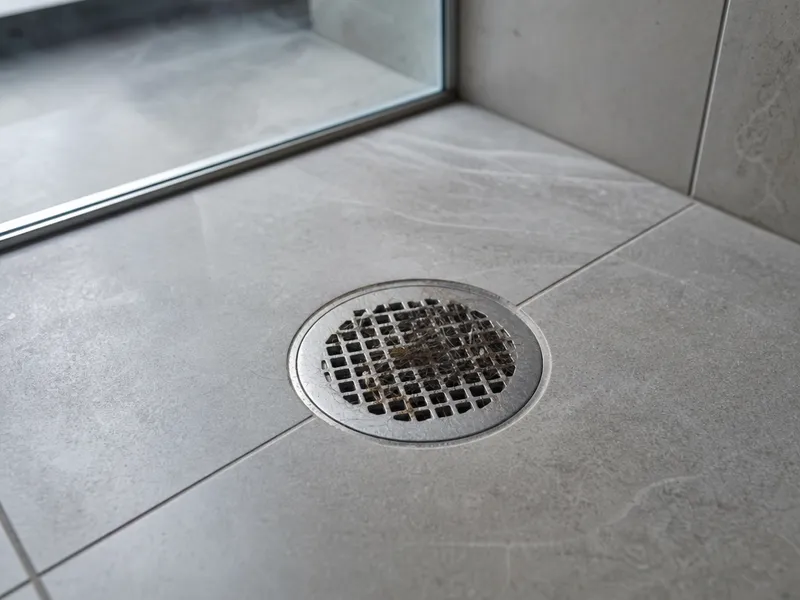 Shower drain clogged with hair