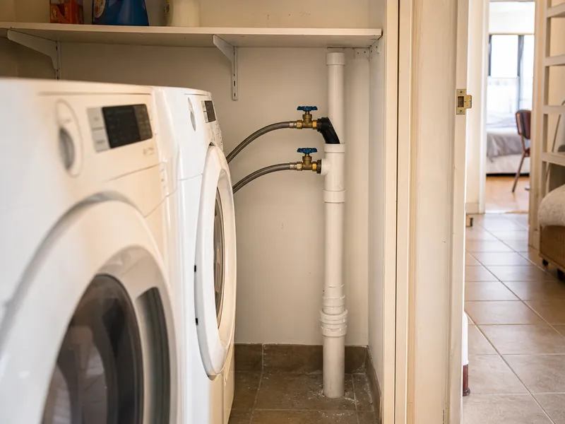 Washer dryer in closet with new standpipe in Queens