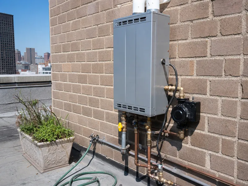Outdoor tankless with recirculation pump in Manhattan condo