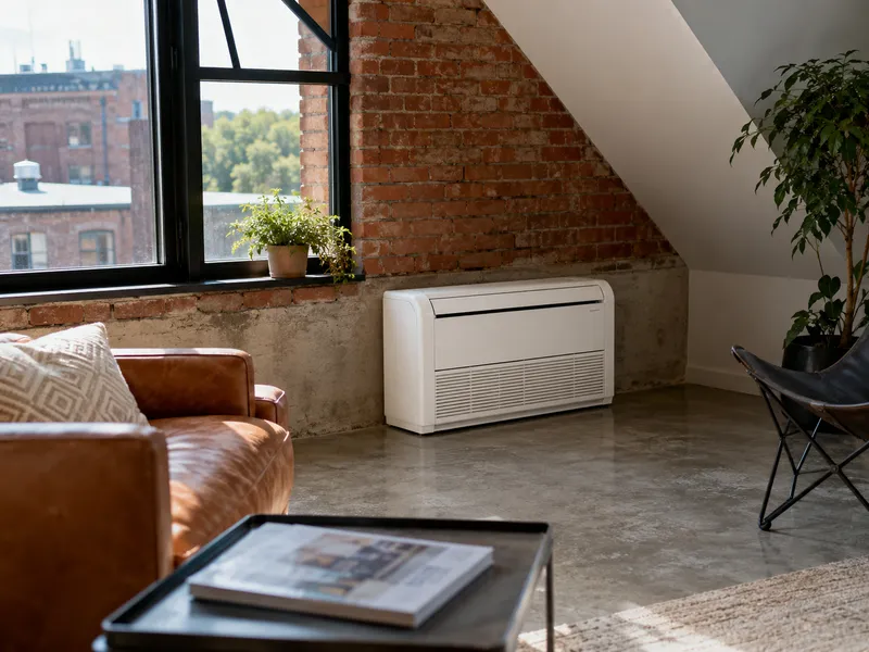 Floor-mounted unit in Brooklyn loft with sloped ceilings